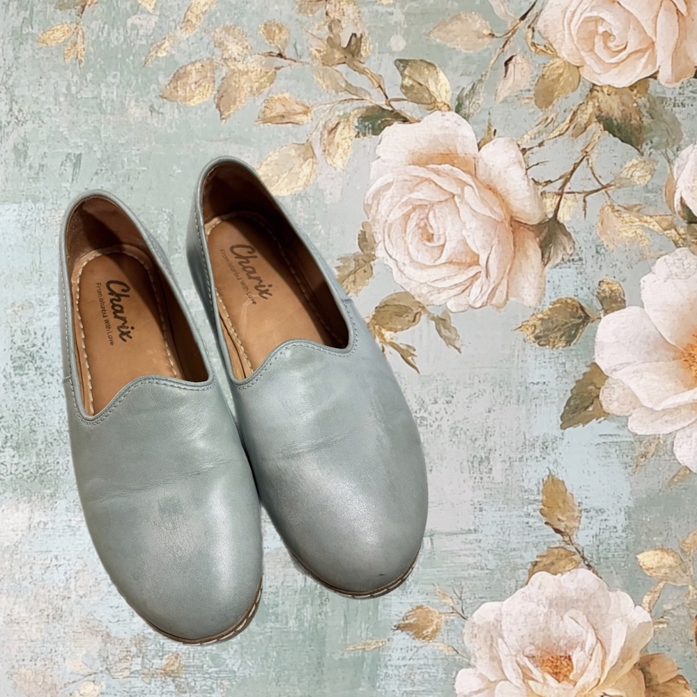 Charix Leather Loafers Womens 39 Dusty Teal Grey Handcrafted Slip On Shoes